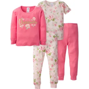 4-Piece Infant & Toddler Girls Rose Snug Fit Cotton Pajamas