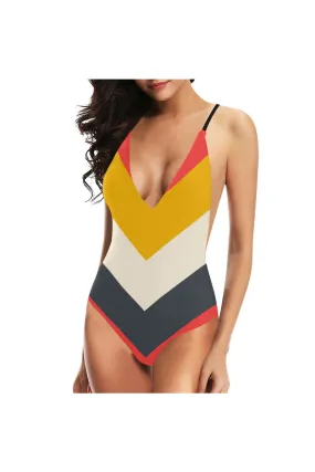 Chevron Sexy Lacing Backless One-Piece Swimsuit