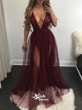 Deep V Neck Sexy Cheap Halter Long Prom Dresses, WG727