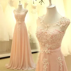 Elegant Peach Applique Chiffon Popular Long Prom Dresses, WG701