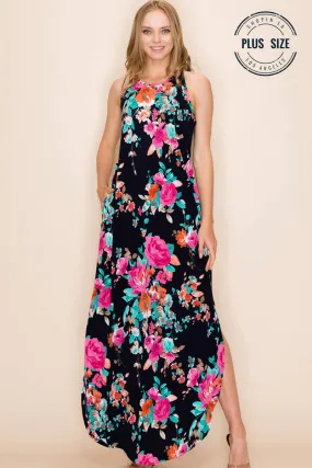 PLUS FLORAL SUMMER SLEEVELESS MAXI DRESS: NAVY-ORANGE