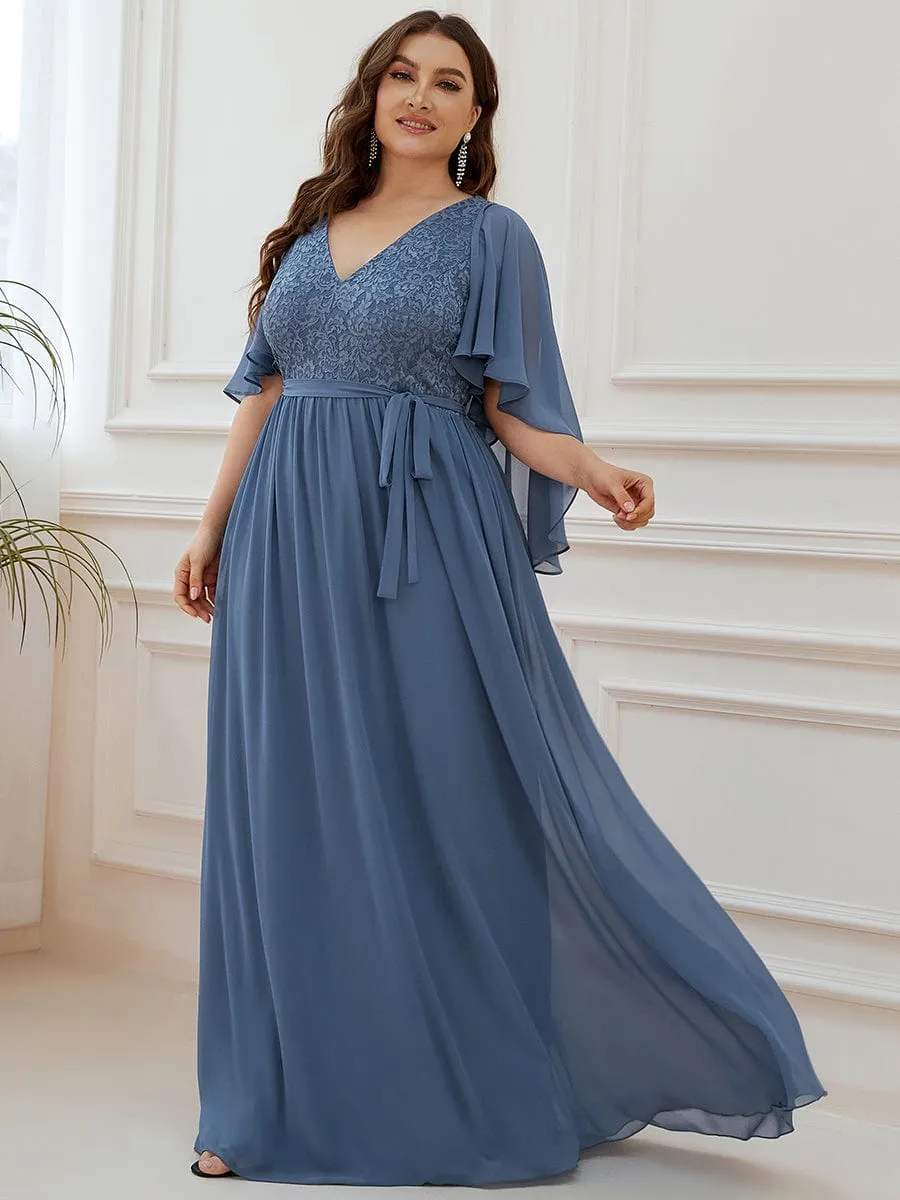 Plus Size Deep V Neck Lace Bodice Long Flowy Evening Dress